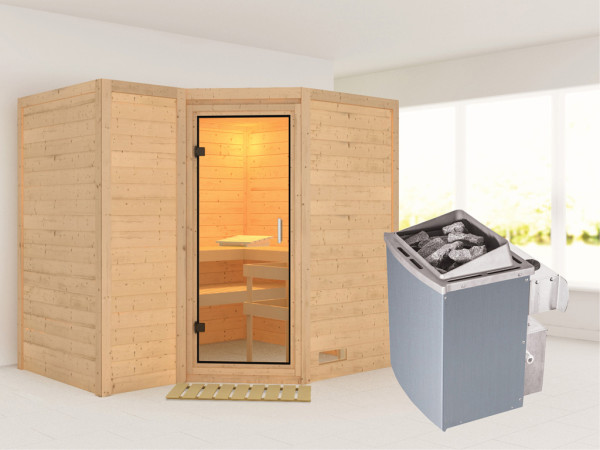 Massieve sauna Sahib 2 transparent glazen deur + 9 kW saunakachel met besturing
