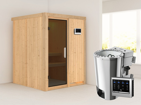 Systeemsauna Minja grafiet glazen deur + Plug & Play Bio-kachel met ext. besturing