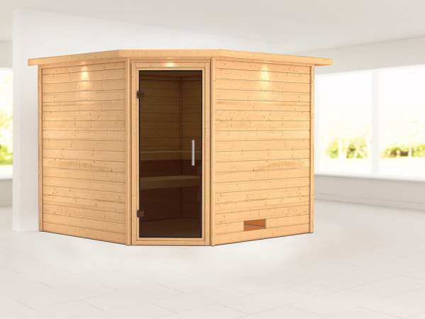 Massieve sauna Leona met dakkraag, grafiet glazen deur