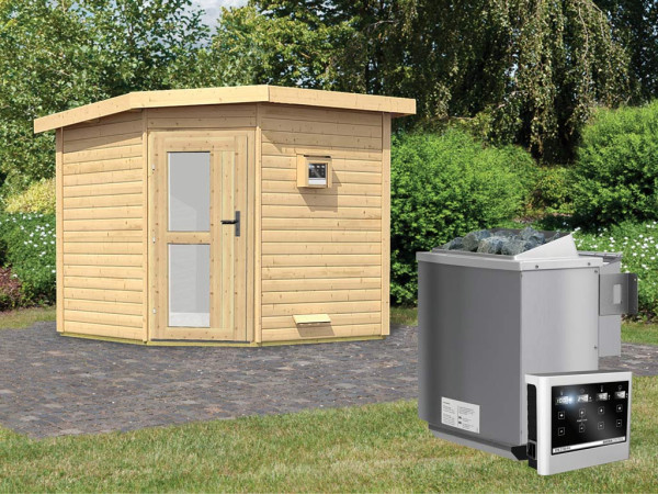 Saunahaus Heikki met matglazen deur, incl. 9 kW Bio-Combi-kachel met ext. besturing