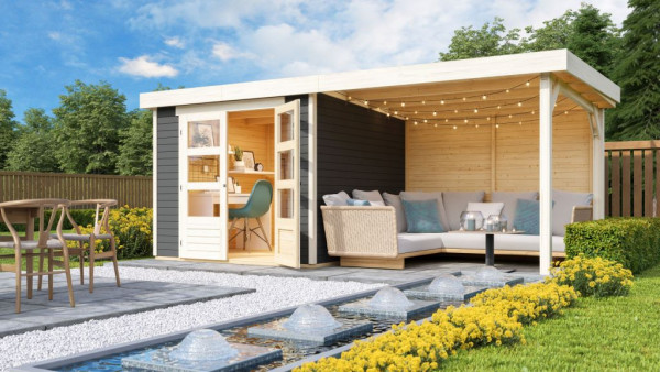 Tuinhuis SET Askola 3,5 19 mm terragrijs, incl. 2,8 m aanbouwdak + achterwand