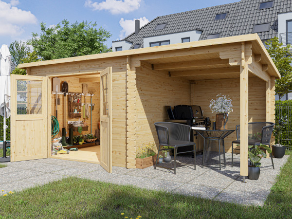Tuinhuis blokhut CA2976 28 mm onbehandeld met 2 m aanbouw