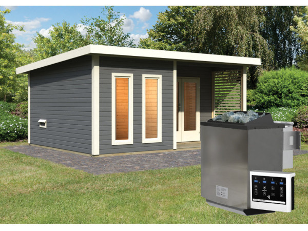 Saunahuis Mainburg 5 terragrijs 38 mm incl. Bio-Combi-kachel 9 kW + ext. besturing