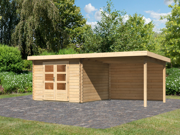 berging blokhut SET Bastrup 5 28 mm natuurlijke afwerking, incl. 3 m verlenging dak + achterwand