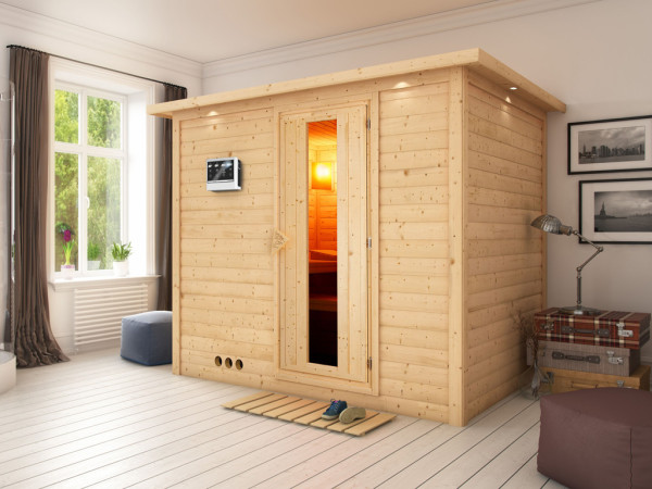 Massieve sauna Sonara met dakkraag houten deur met geïsoleerd glas incl. 9 kW Bio-kachel