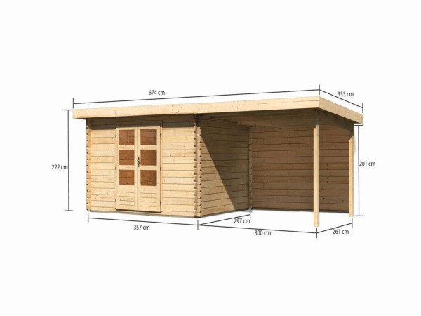 berging blokhut SET Bastrup 7 28 mm natuurlijke afwerking, incl. 3 m verlenging dak + achterwand