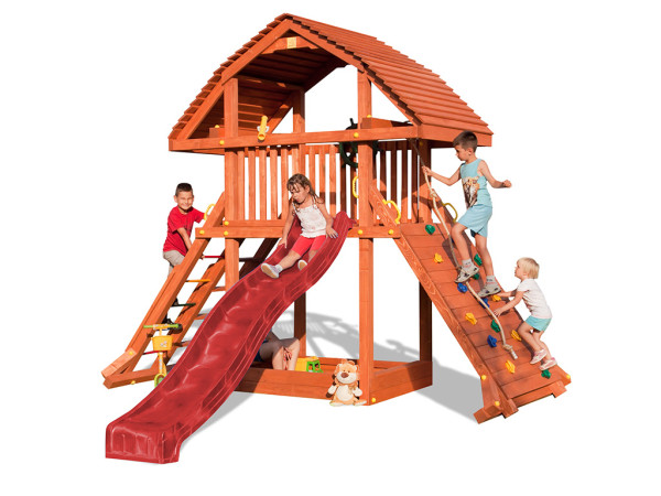 Speeltoren Giant teakkleurig incl. glijbaan geel