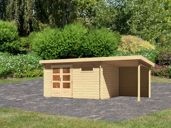 berging blokhut SET Bastrup 8 28 mm natuurlijke afwerking, incl. 2 m aanbouwdak + achterwand