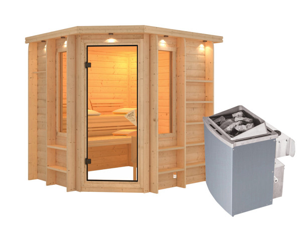 Massieve sauna Cortona met dakkraag, incl. 9 kW saunakachel int. besturing