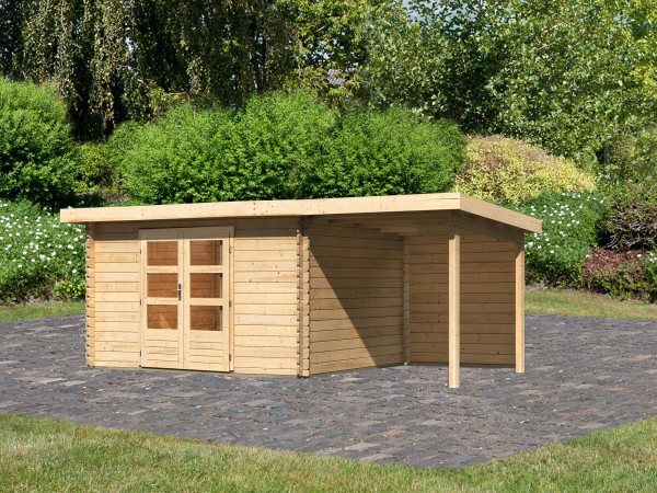 berging blokhut SET Bastrup 7 28 mm natuurlijke afwerking, incl. 2 m verlenging dak + achterwand