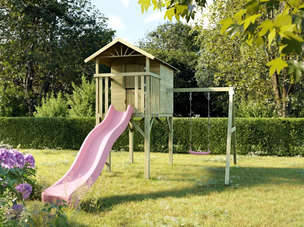 Geïmpregneerd houten speelhuisje op palen "Tree Hut" incl. schommel en roze glijbaan
