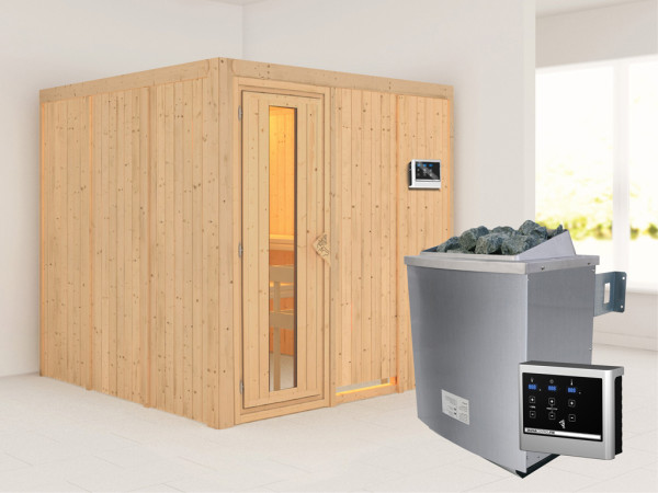 Systeemsauna Rodin houten deur met geïsoleerd glas, incl. 9 kW saunakachel ext. besturing