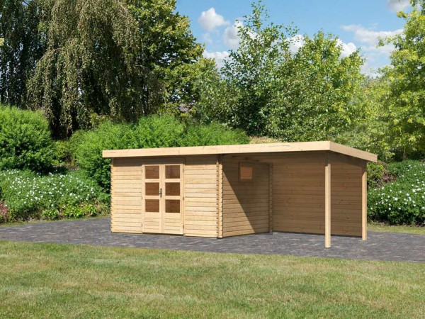 berging blokhut SET Trittau 5 38 mm natuurlijke afwerking, incl. 3 m aanbouwdak achterwand