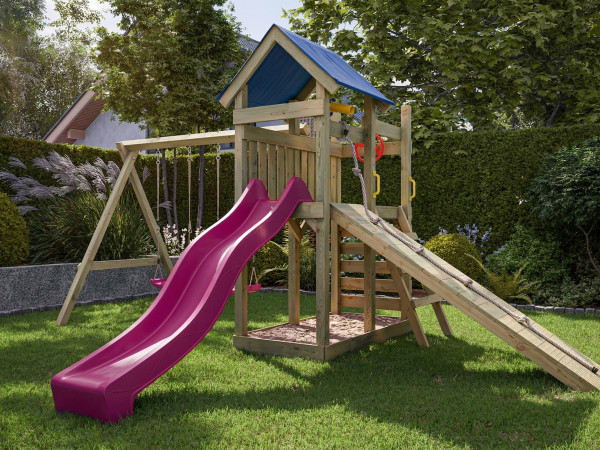 Geïmpregneerde houten speeltoren Hefty incl. dubbele schommel en roze glijbaan + roze schommelzitjes