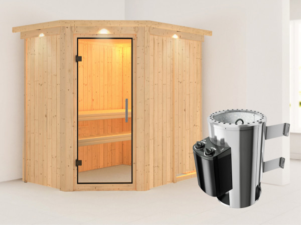 Systeemsauna Saja met dakkraag, transparent glazen deur + Plug & Play saunakachel met besturing