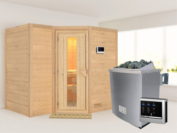 Massieve sauna Sahib 2 houten deur met geïsoleerd glas, incl. 9 kW kachel ext. besturing