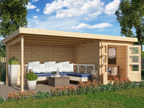 berging blokhut SET Bastrup 4 28 mm natuurlijke afwerking, incl. 4 m verlenging dak + achterwand