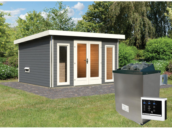 Saunahuis Mainburg 2 terragrijs 38 mm incl. Bio-Combi-kachel 9 kW + ext. besturing