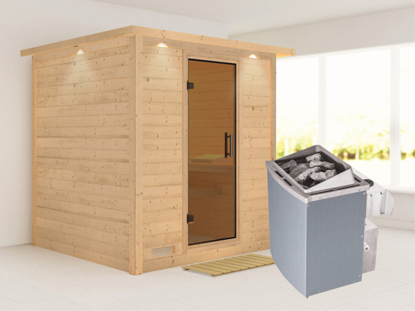 Massieve sauna Mojave met dakkraag, grafiet glazen deur, incl. 9 kW kachel int. besturing