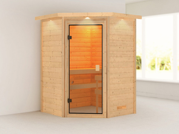 Sauna Antonia met gebronsde glazen deur en dakkraag