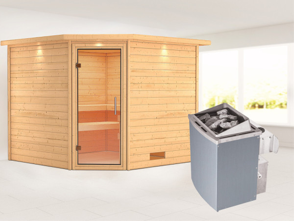 Massieve sauna Leona met dakkraag, transparent glazen deur + 9 kW saunakachel met besturing