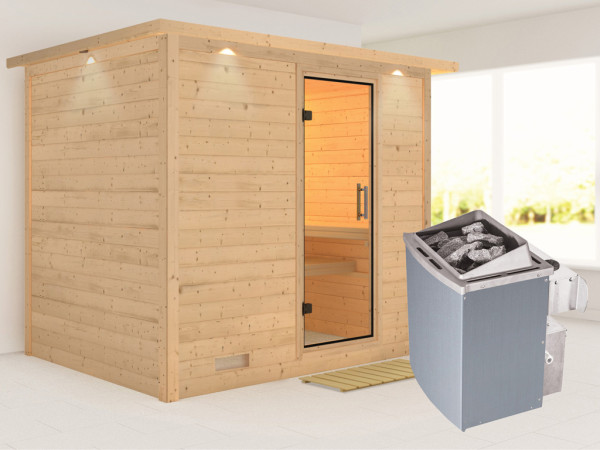 Massieve sauna Sonara met dakkraag, transparent glazen deur + 9 kW saunakachel met besturing