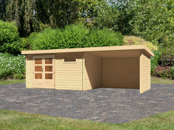 Blokhut tuinhuis Bastrup 8 28mm natuurlijke afwerking, incl. 3 m aanbouwdak + zij--achterwand