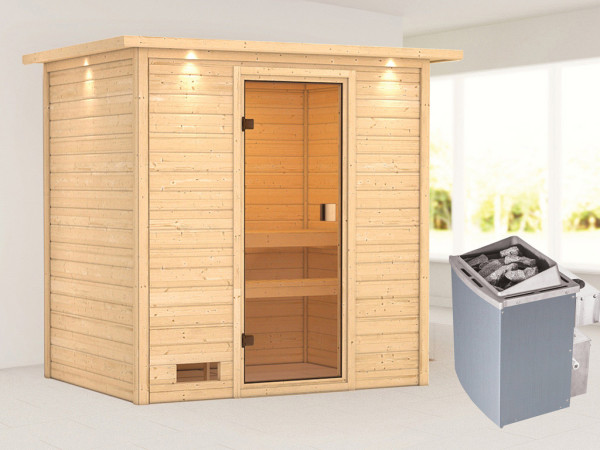 Massieve sauna Selena met dakkraag, incl. 4,5 kW kachel met int. besturing