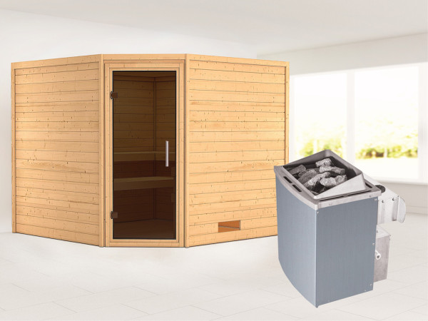 Massieve sauna Leona grafiet glazen deur + 9 kW saunakachel met besturing