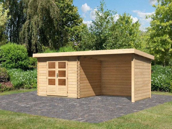 Tuinhuisje blokhut SET Bastrup 5 28 mm natuurlijke afwerking, incl. 3 m aangebouwd dak