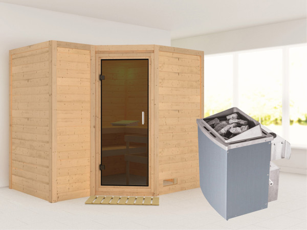 Massieve sauna Sahib 2 grafiet glazen deur, incl. 9 kW saunakachel int. besturing
