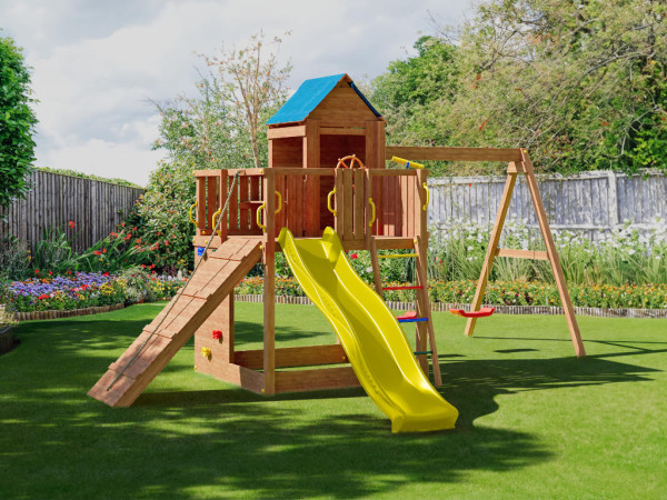 Treehouse speeltoren teak-kleurig incl. dubbele schommel + glijbaan