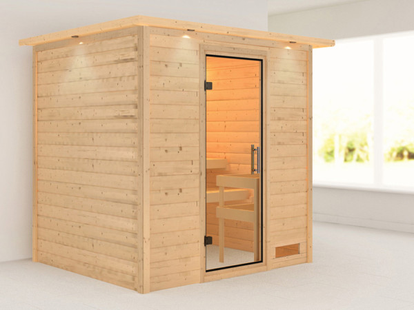 Massieve sauna Anja met dakkraag, transparent glazen deur