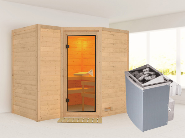 Massieve sauna Sahib 2 kompleet transparente gebronsde glazen deur, incl. 9 kW kachel int. besturing