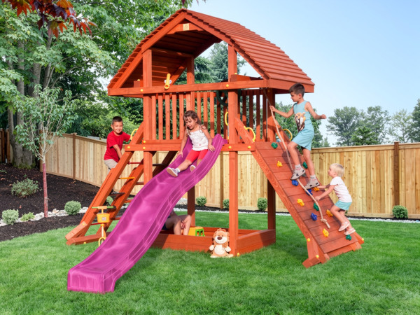 Speeltoren Giant teakkleurig incl. glijbaan roze