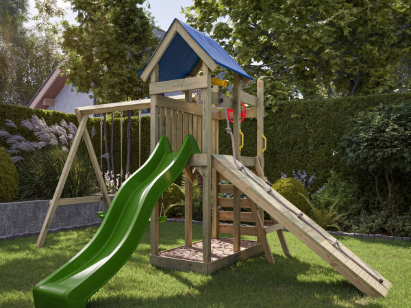 Geïmpregneerde houten speeltoren Hefty incl. dubbele schommel en groene glijbaan met groene schommel