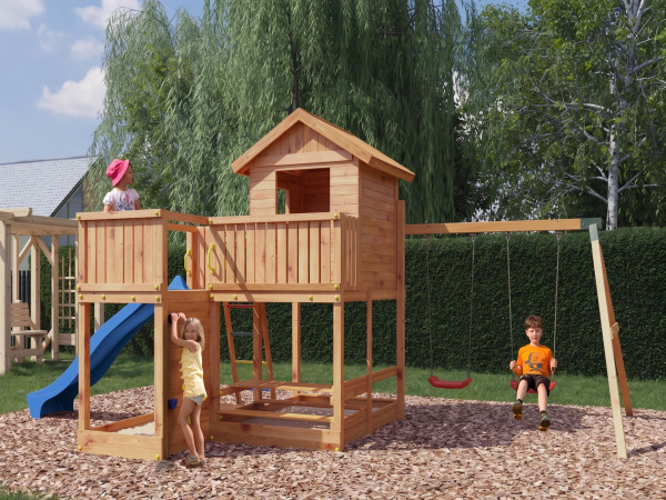 Steltenhuis Pluto teakkleuren incl. glijbaan blauw