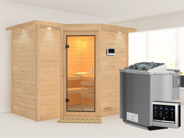 Massieve sauna Sahib 2 met dakkraag, transparent glazen deur+9kW Bio-Combi-kachel met ext.besturing
