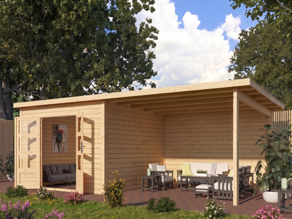 Tuinhuis Wacken 8 28 mm terragrijs incl. 4 m aanbouw + achterwand
