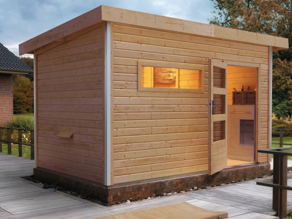 Saunahuis Enns 2 met heldere glazen deur en voorruimte