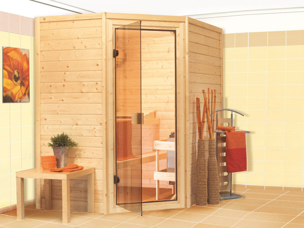 Karibu massief houten sauna 38mm Katie SPARSET incl. 4,5 kW saunakachel en extra bedieningspaneel