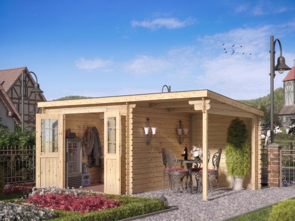 Tuinhuis blokhut CA2976 28 mm onbehandeld met 2 m aanbouw