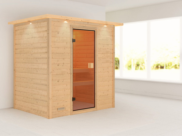Massieve sauna Sonja met dakkraag, incl. 4,5 kW kachel met int. besturing