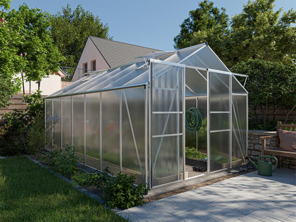 Tuinkas aluminium Olympus zilver met polycarbonaat platen 4 mm