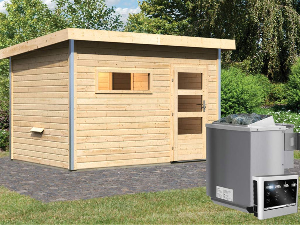 Saunahuis Skrollan 2 met transparente glazen deur & voorkamer, incl. 9kW Bio-Combi-kachel met