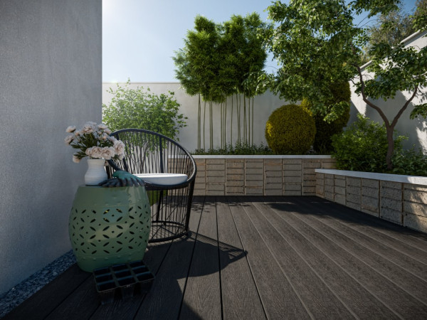 Composiet vlonderplank (WPC) grijs met houtlook en reliëf oppervlak