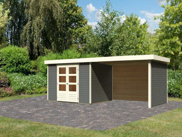 Tuinhuisje SET Askola 5 19 mm terra grijs, incl. 2,8 m aanbouwdak + zij- en achterwand