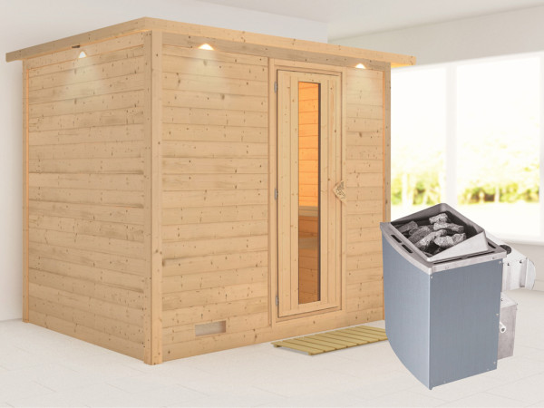 Massieve sauna Sonara met dakkraag, houten deur met geïsoleerd glas, incl. 9kW kachel int. besturing