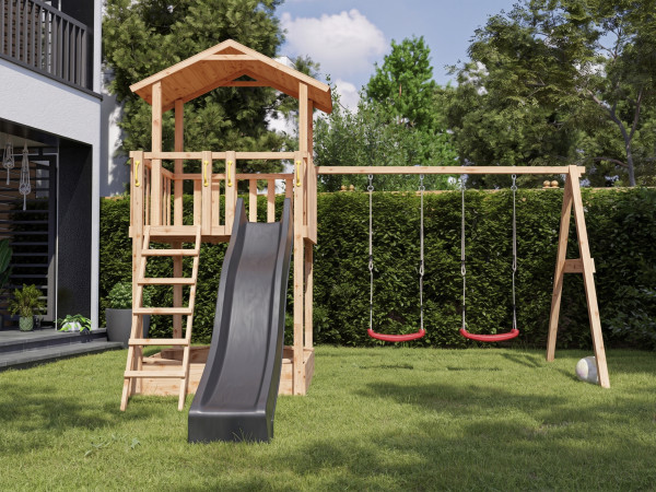 Tilly Premium speeltoren met dubbele schommel in lariks incl. grijze glijbaan + rode zitjes