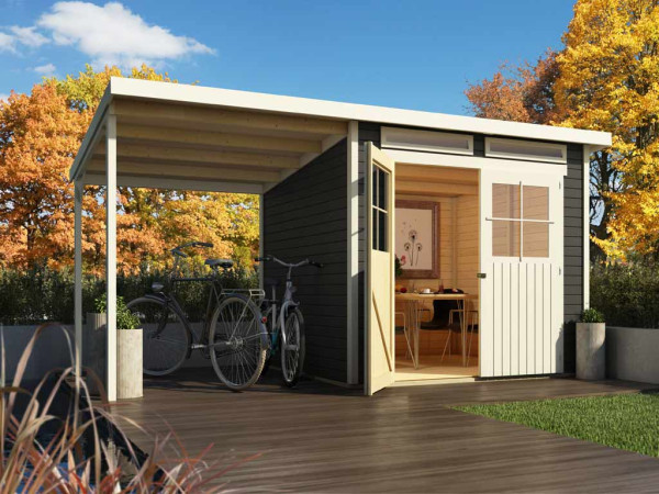 Tuinhuis Glücksberg 4 19 mm terragrijs incl. 1,9 m aanbouwdak